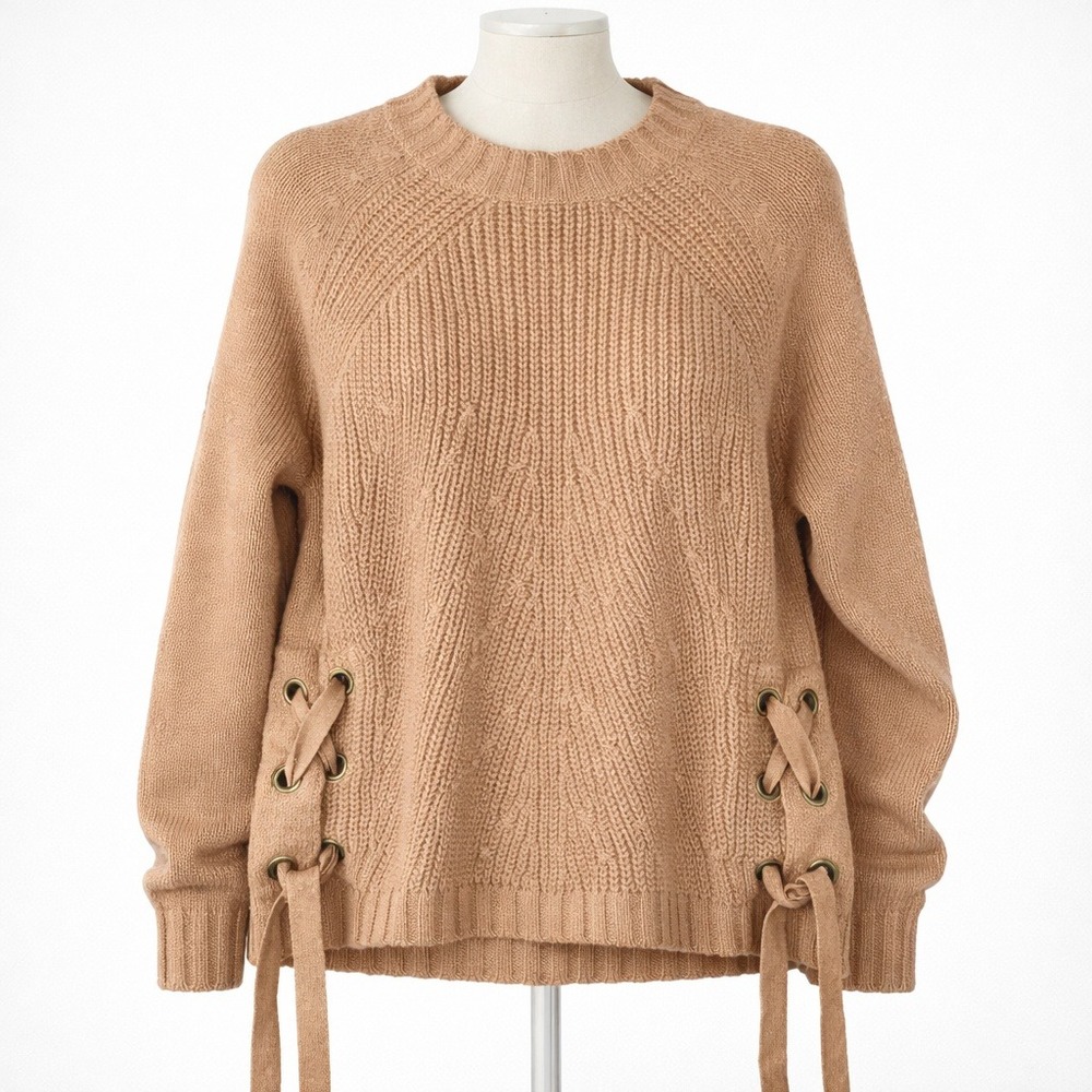 George Y2K Lace Up Side Sparkle Sweater Sz L Tan Ribbed Knit Metallic Boho Indie